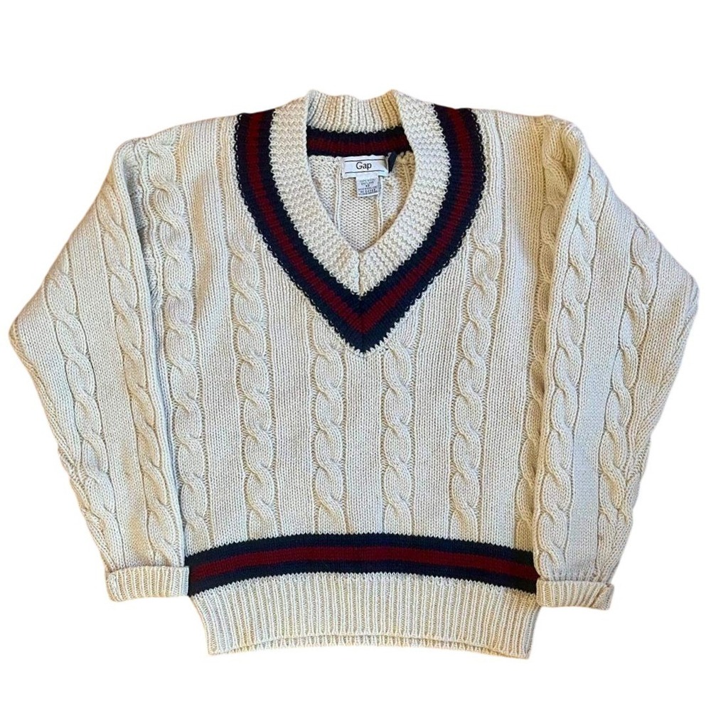Vintage Gap Shetland Wool Cricket Sweater Cable Knit V-Neck Cream Unisex Mens XS